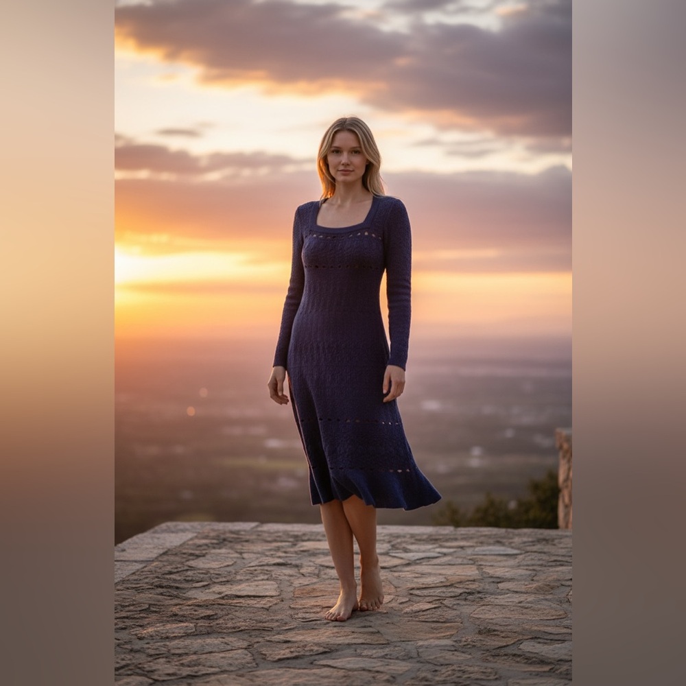Alaïa Navy Blue Textured Knit Midi Dress (Size 38)